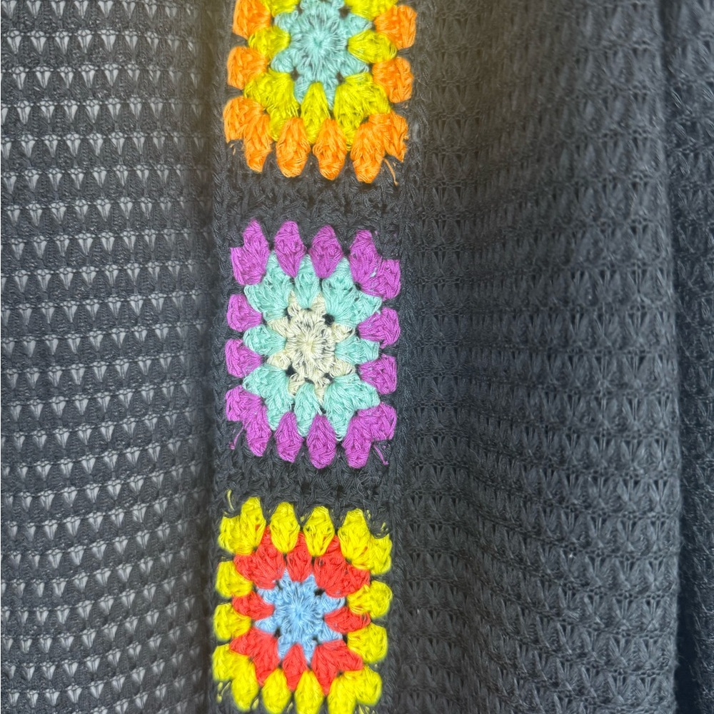 Rebellion Crochet Cardigan Black Granny Square Open Knit XL Boho - Picture 2 of 5